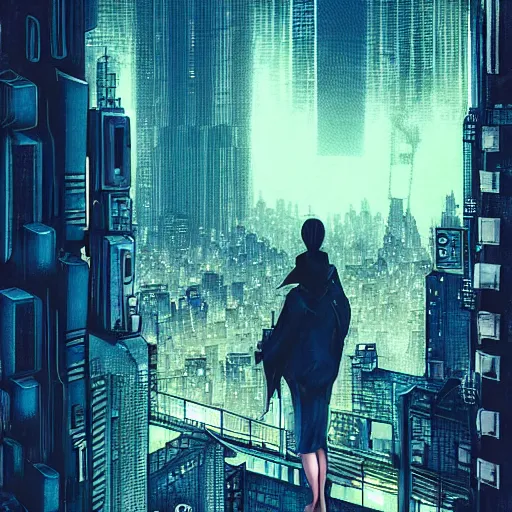 Prompt: “ girl standing on a roof looking down at a futuristic new york city below, ghostpunk, blade runner, cyberpunk, art nouveau, storm clouds, rain, very detailed, by gil evgren ”