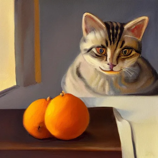 Prompt: a cat pondering oranges on a table, oil on canvas, artstationm digital art