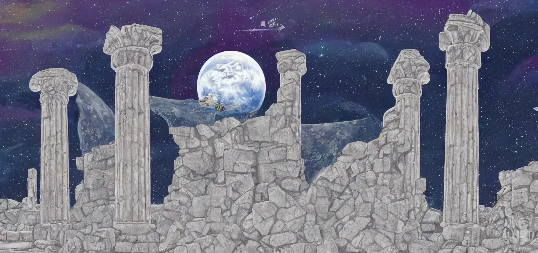 Image similar to The ruins of the Silver Millennium on the moon from Sailor Moon, digital painting, planet Earth in the distance, Greek-esque columns and ruins