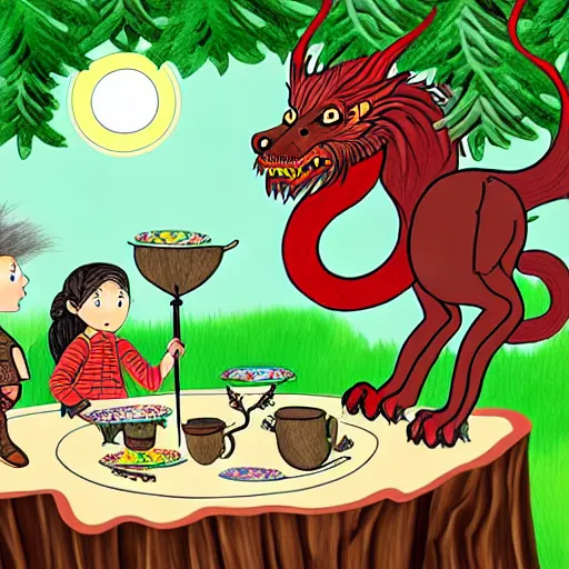 Image similar to children's book illustration of a manticore at a tea party with a gnome wizard and and ogre knight of the realm. Setting is a forest. Table is a tree stump with a kettle on top