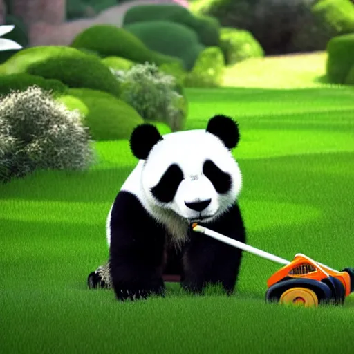 Image similar to a panda lawnmowing in his garden, cinematic, ray traced, octane render, cinematic lighting, ultrarealistic, featured on artstation, 8 k uhd artwork