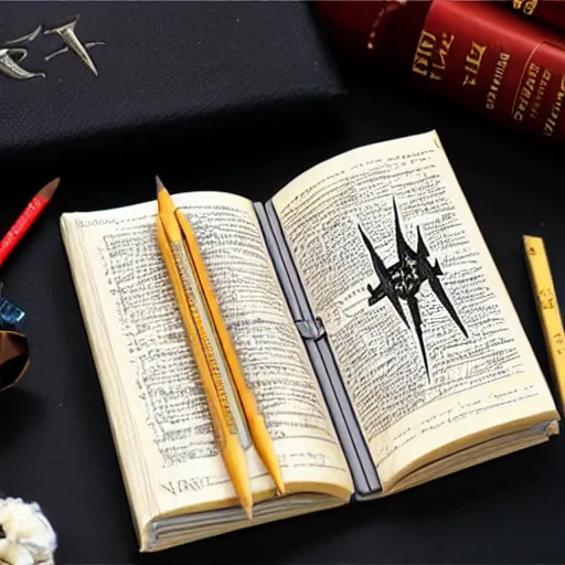 Prompt: magic pencil writing harry potter lord of the rings church book