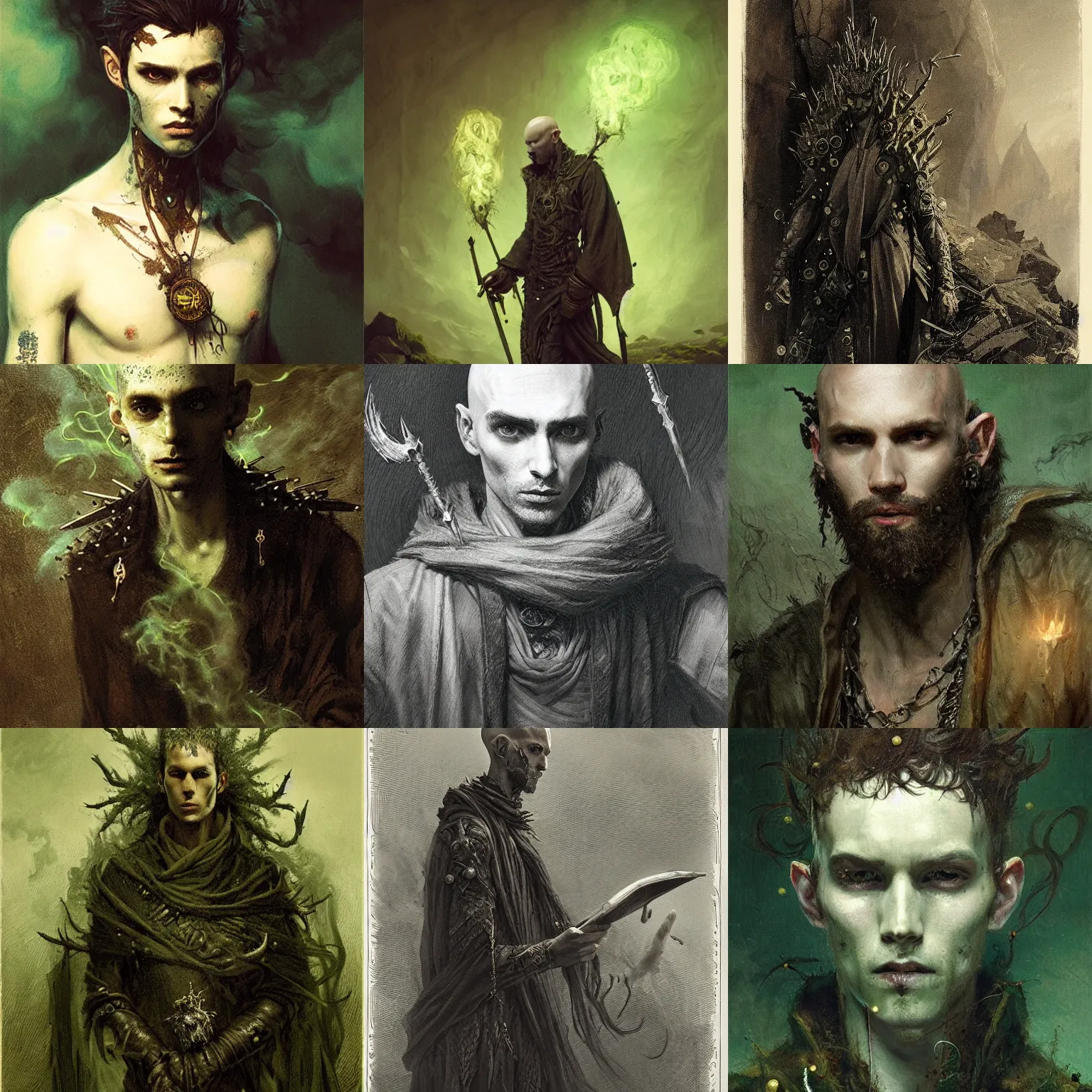 Prompt: portrait of a young mage, male bald emaciated, wearing spikes and piercings, sigils, tattered robes, wisps of green smoke, art by greg rutkowski and gustave dore