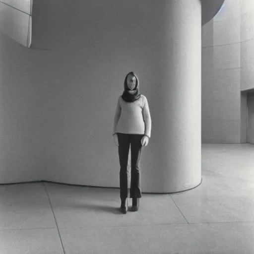 Prompt: black and white photo of a young woman wearing a turtleneck standing inside a brutalist building, 1976