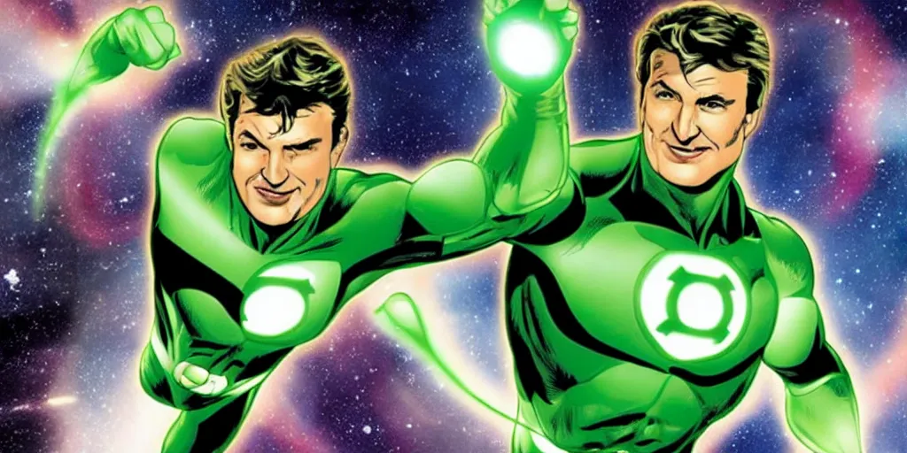 Image similar to Nathan Fillion as Green Lantern Hal Jordan flying through outer space, detailed