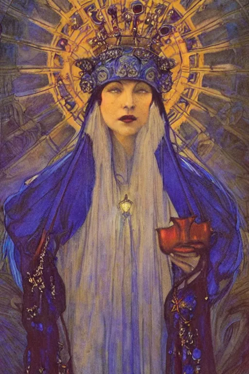 Image similar to queen of the night with her lantern and regalia, by Annie Swynnerton and Nicholas Roerich and jean delville, dramatic cinematic lighting , ornate headdress , flowing robes, lost civilizations, extremely detailed