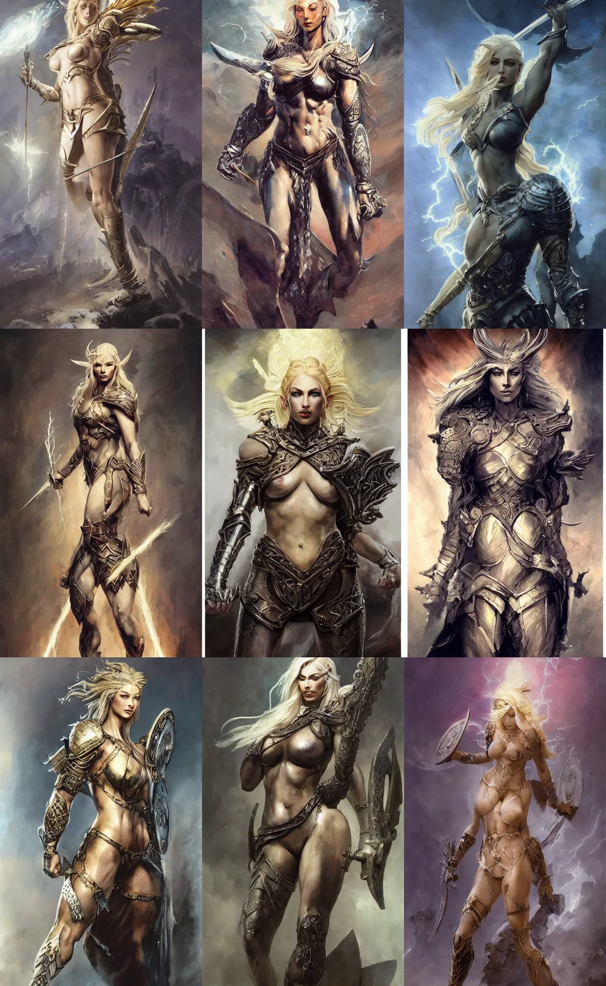 Prompt: A mixed media painting of the beautiful blonde goddess of war infused with lightning, very aesthetic, curves, detailed face, elven armor, by Frank Frazetta, Greg Rutkowski, Boris Vallejo, Beeple, Yoko Taro, Christian MacNevin, epic fantasy character art, goddess of anger, viking runes, high fantasy, CGsociety, full length, exquisite detail, post-processing, low angle, masterpiece, cinematic, odin's stone arena background