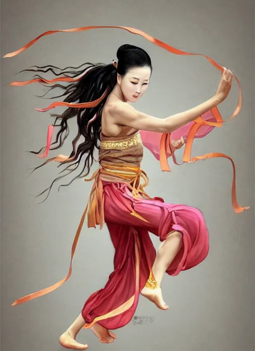Prompt: full body portrait of a dancer throwing silk belts, feet, barefoot, full body, tanned, vivacious, athletic, hanfu, chinese ribbon dance, wide ribbons, silk belt, wuxia, martial arts, ming dynasty, detailed, realistic face, anatomically accurate, fantasy illustration, deviantart, artstation, ghostblade, wlop.