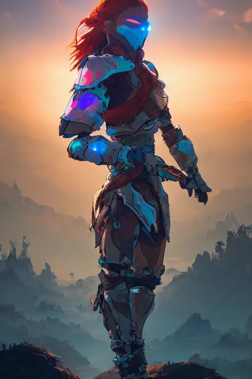 Image similar to combination suit armor aloy horizon forbidden west horizon zero dawn radiating a glowing aura global illumination ray tracing hdr fanart arstation by ian pesty and alena aenami artworks in 4 k tribal robot ninja mask helmet backpack