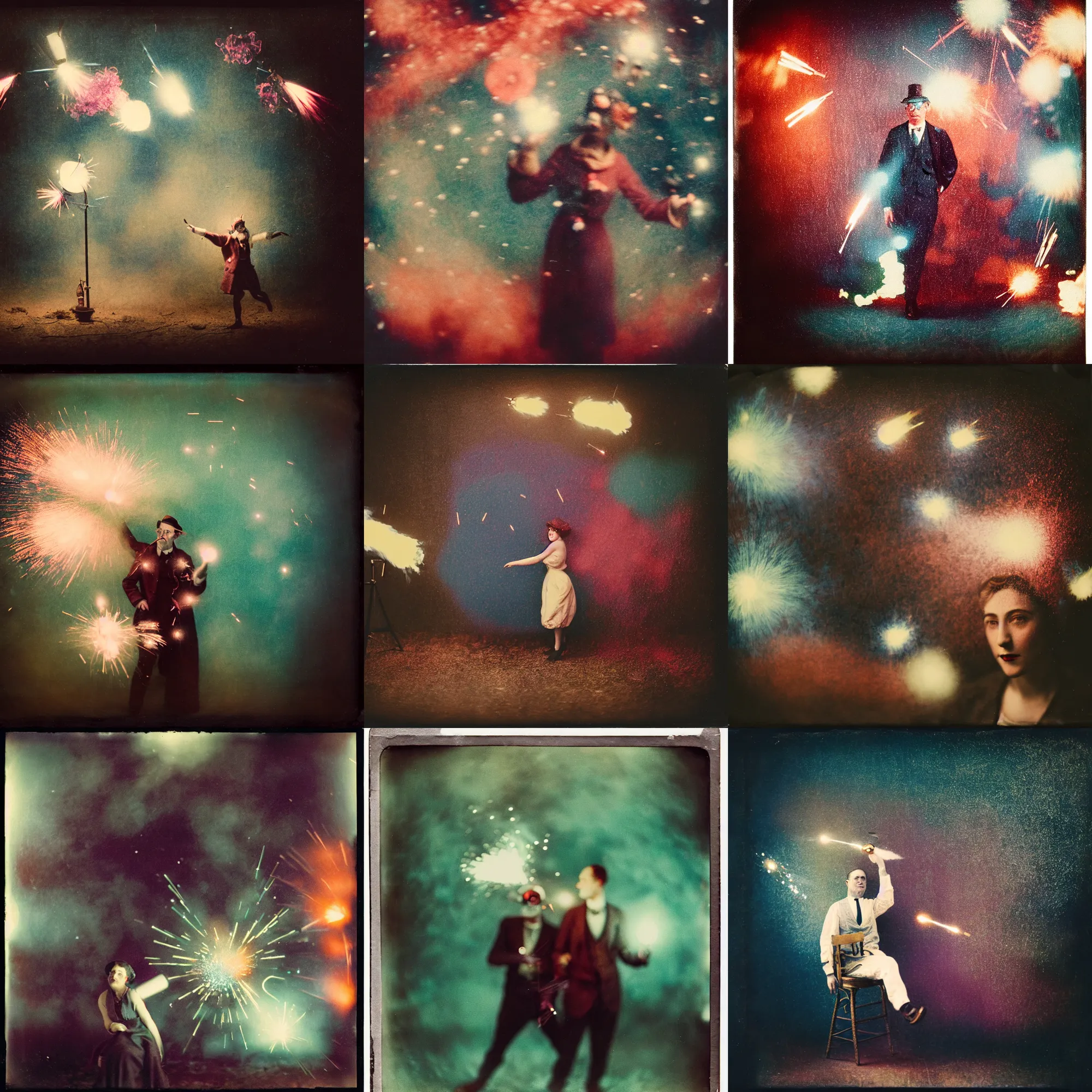 Image similar to kodak portra 4 0 0, wetplate, muted colours, blueberry, 1 9 1 0 s style, motion blur, portrait photo of a backdrop, explosions, rockets, sparkling, by georges melies and by britt marling