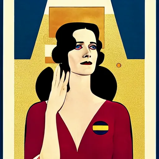 Image similar to Art by Coles Phillips, Portrait of the actress, Eva Green as Space Commander Alpha from the Year 4000, geometric art, poster, no text, Mucha, Kandinsky, carbon blac and antique gold