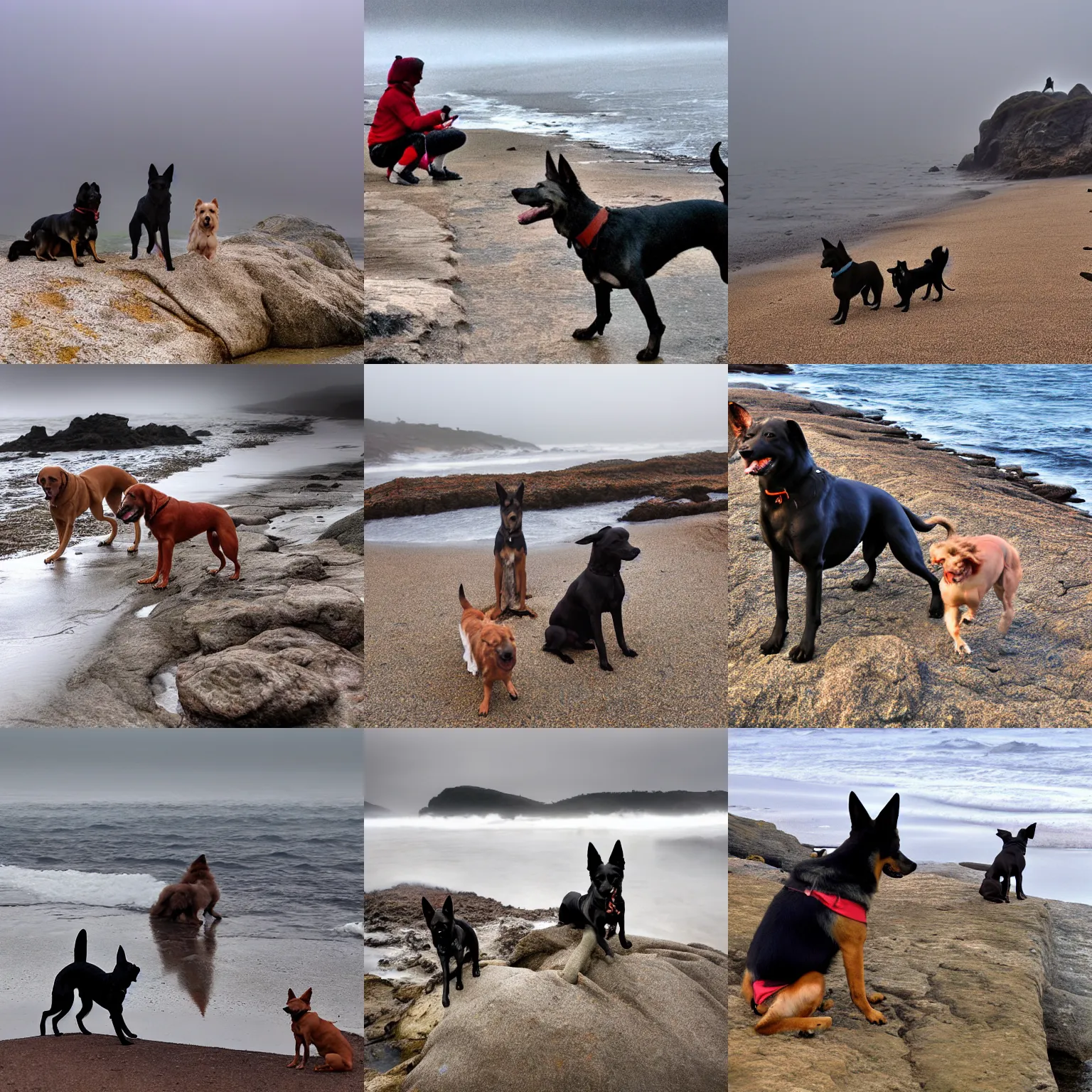 Prompt: two dogs, a xoloitzcuintle and a belgian shepherd on a rocky beach, cloudy morning, fog, moebius