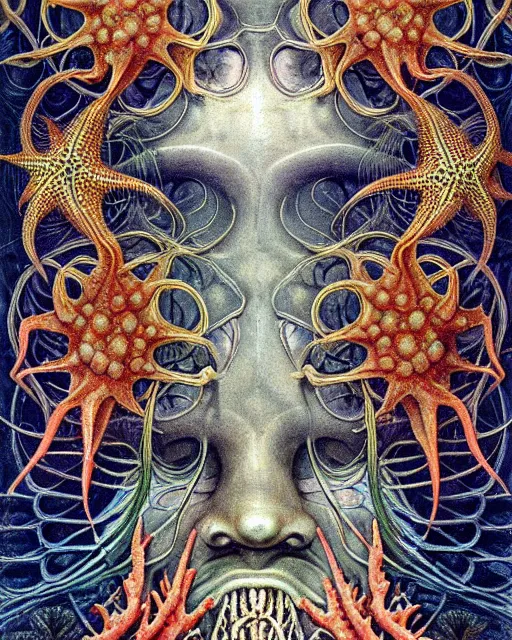 Image similar to hyperrealistic detailed underwater face portrait of the beautiful god of the fish with an intricate headgear of corals, sea kelp, sea plants, fish, starfish, jellyfish, art by ernst haeckel, hieronymus bosch, gothic, neo - gothic, ornamental, beautiful deep colours,