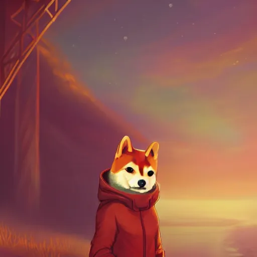 Prompt: anthropomorphic Shiba Inu wearing hoodie walking in rust belt town, sunset, cute and adorable, pretty, beautiful, DnD character art portrait, matte fantasy painting, DeviantArt Artstation, cinema