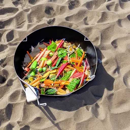 Image similar to a rectangle-shaped wok with no food in it, on the beach