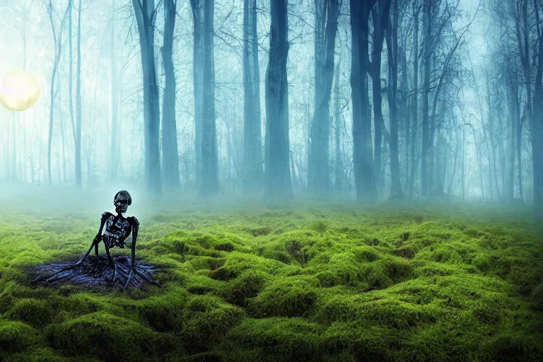 Image similar to a burning with fire human skeleton sitting behind computer, overgrown with moss, in foggy forest, at night with moon light, dark atmosphere, fantasy, digital art