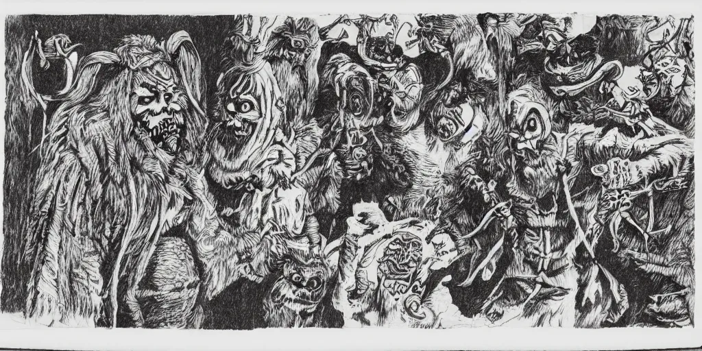 Image similar to scan of book with intricate ink drawings of tyrolean folklore masks, krampus, folklore, dance, dolomites, scary dark, dark ink, old paper