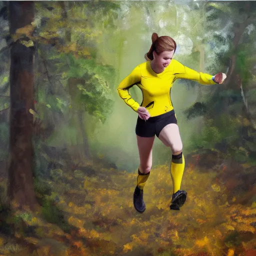 Image similar to a female orienteer wearing a yellow long - sleeved shirt and black tights runs in the forest, oil on canvas, trending on artstation.