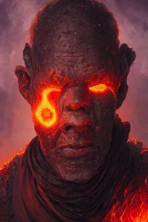 Image similar to the look of an elderly person, necromancer, witch - doctor covered with lava exploding into fire crystals, full of wrinkles and imperfections by artgem and greg rutkowski, highly detailed, high contrast, light reflection, trippy, nebula, trending on artstation