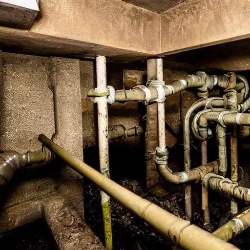 Image similar to deep underground bunker, flooded, dirty water, dense rusty pipes network, dense cables network, mold