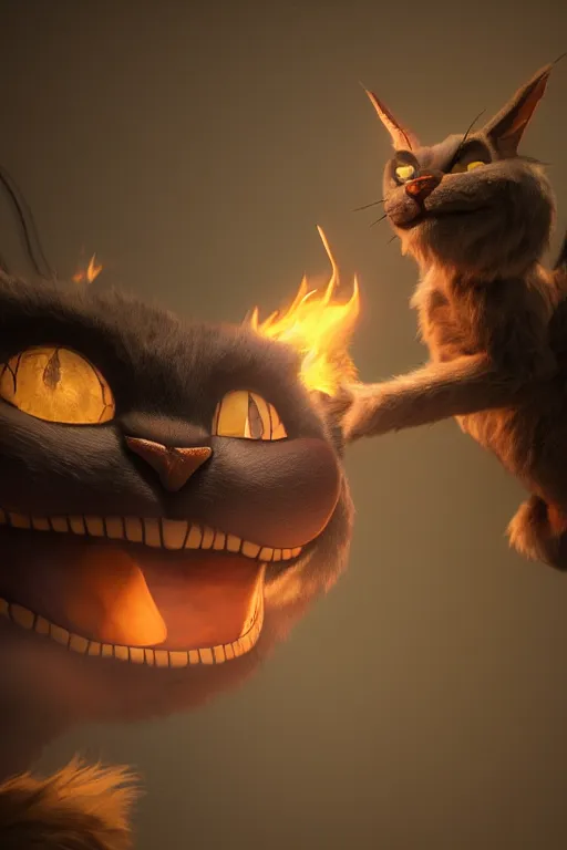 Image similar to cheshire cat vanishing vfx, burning vfx, vanishing vfx, made with blender, highly detailed, artstation, volumetric lighting, concept