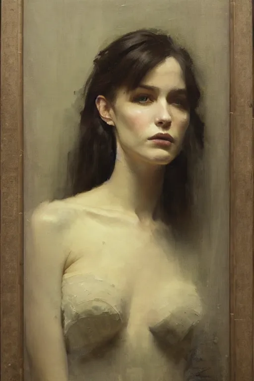 Image similar to Richard Schmid and Jeremy Lipking and Roberto Ferri full length portrait painting of a young beautiful woman