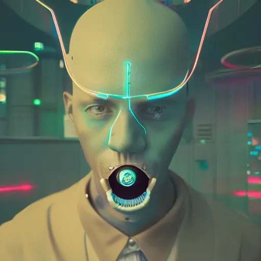 Prompt: a man wearing a futuristic headpiece with a cigarette in his mouth, cyberpunk art by Beeple, zbrush central contest winner, retrofuturism, darksynth, synthwave, retrowave