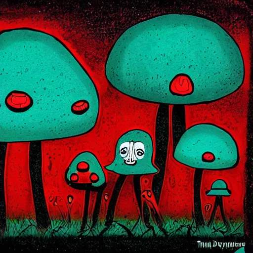 Prompt: a grinning mushroom family by tim doyle and anna dittmann, macabre | creepy