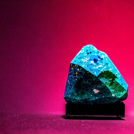 Image similar to a mineral rock, in a dark studio room. Photography of rare minerals. Tanzanite, Red Beryl, Bixbite, Red Emerald, Scarlet Emerald, Opal, Quartz, Elbaite, Calcite, Kunzite. in the style of artgerm.