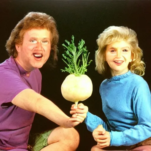 Image similar to still from 8 0 s family comedy show my two turnips, portrait faces, giant turnips