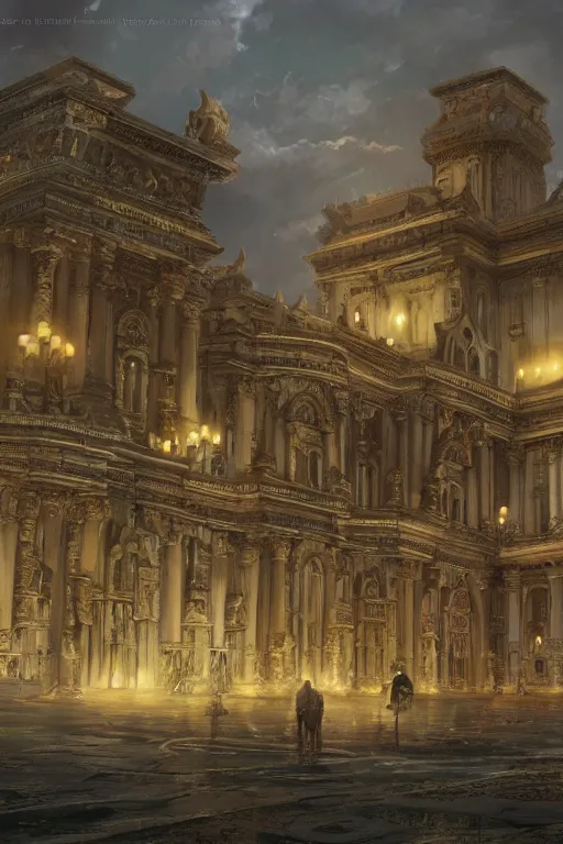 Prompt: gigantic palace, adorned pillars, towers, landscape, alex ross, neal Adams, david finch, concept art, matte painting, highly detailed, rule of thirds, dynamic lighting, cinematic, detailed, denoised, centerd