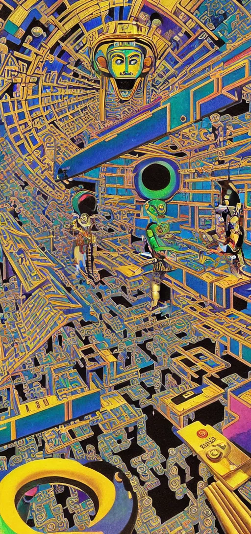 Prompt: ancient egyptian aztec astronaut dissolving into cybernetic transhumanistic bio mechanical game console god, nintendo clouds, basil wolverton, high detail, studio ghibli, mc escher, picasso, dali, muted but vibrant colors, cubism, gold speckles, rainbow tubing, loose and live wires