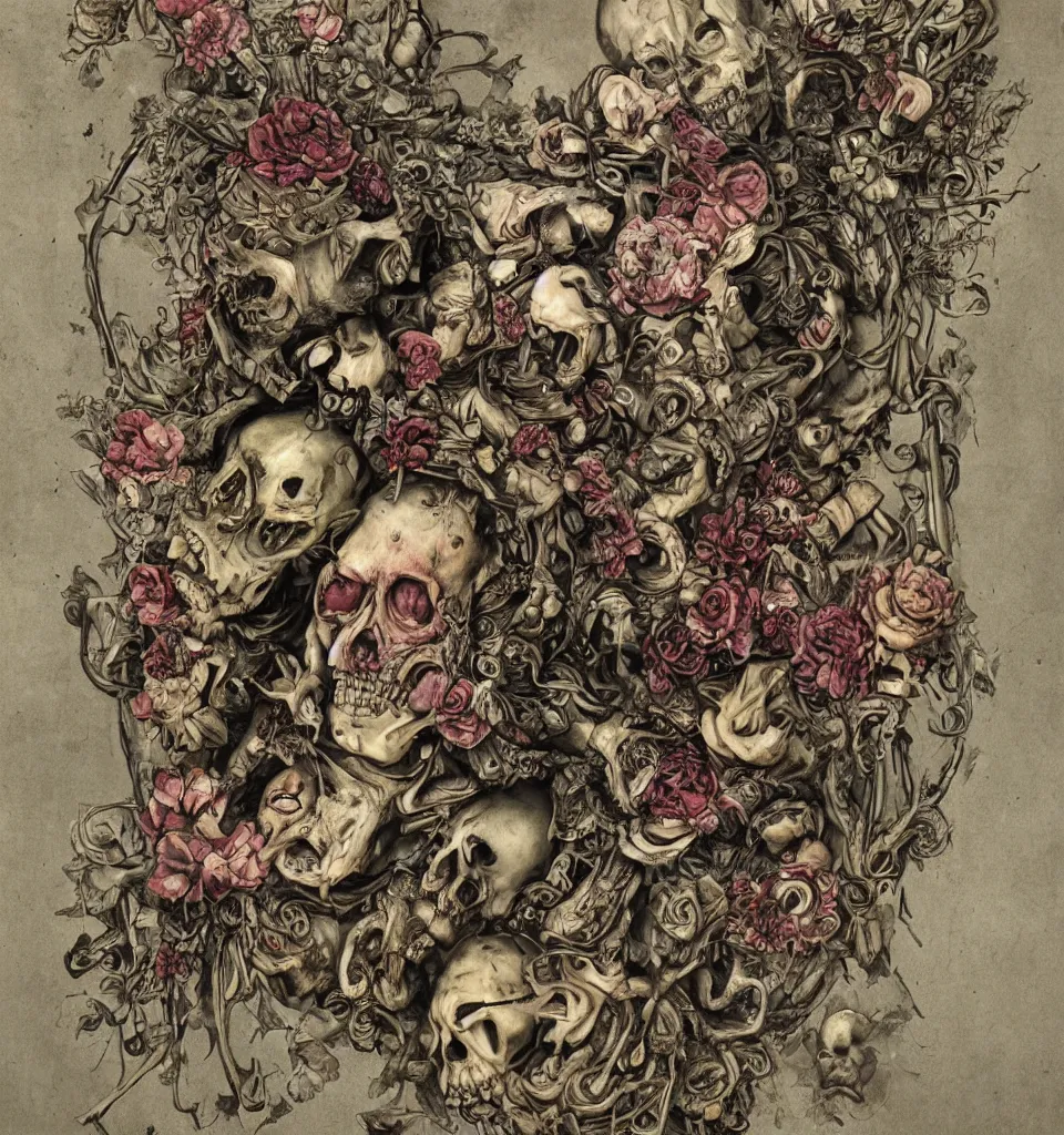 Image similar to zombie, punk, male, fruit and flowers, botanical, vanitas, sculptural, baroque, rococo, intricate detail, spiral, ornamental, decomposing