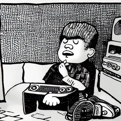 Image similar to illustration of a boy playing xbox by quino