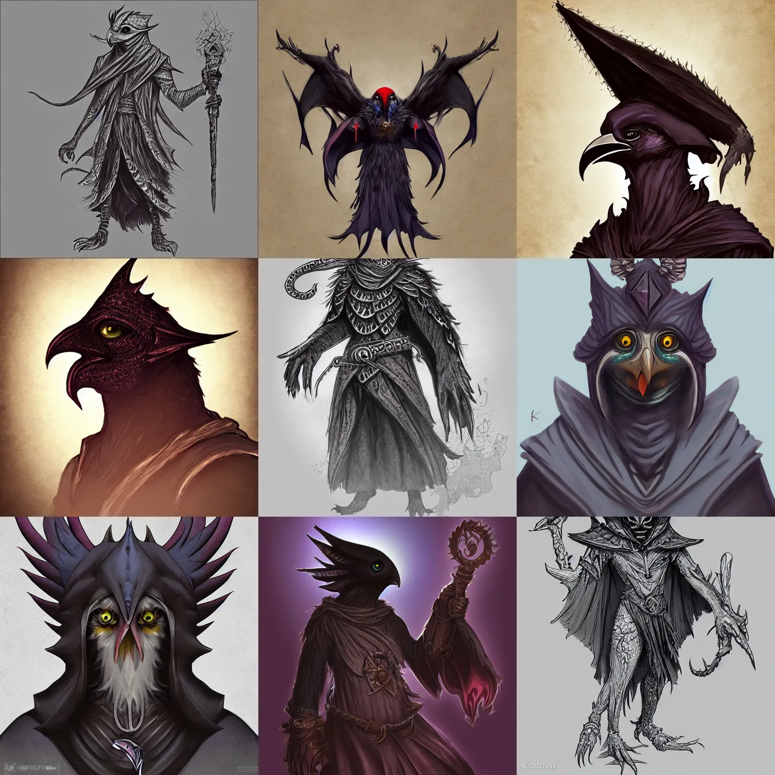 Prompt: Kenku Raven-Person Warlock of Nyarlathotep, lovecraftian, epic dnd characterb art, cute, character portrait, digital drawing, hyper-detailed, trending on artstation