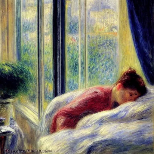 Image similar to on a rainy day, someone in home sits in bed, curled up under the covers, watching the rain outside the window, cinematic, artstation, extremely detailed, intricate, cinematic lighting, art by pierre - auguste renoir, gustave caillebotte