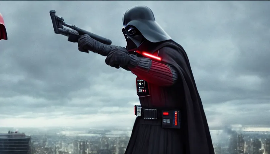 Prompt: Darth Vader pointing a tommy gun at Deadpool, epic fight scene on the top of a skyscraper, rainy day, 4k high quality movie scene,