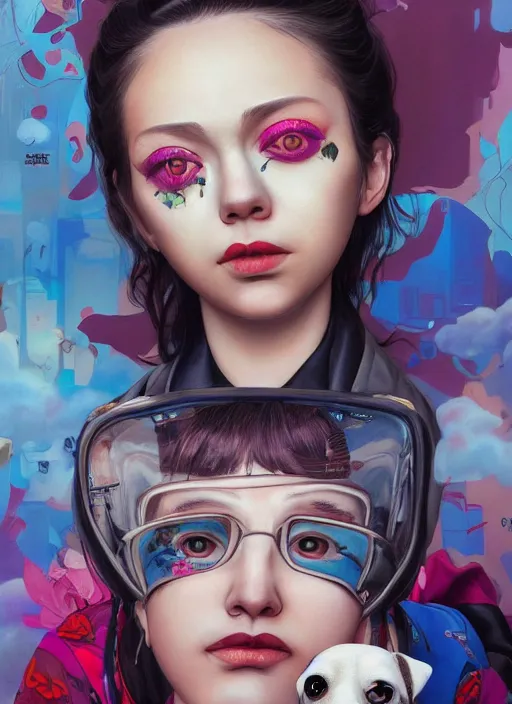 Prompt: beautiful portrait painting of a cute Newyorker lofi cyberpunk princess and her corgi assassin king, by Afarin Sajedi, Alessandro Barbucci, Alex Gross, Shin Jeongho, Shohei Otomo. trending on Artstation, 8k, masterpiece, face enhance, graffiti paint, fine detail, full of color, intricate detail, golden ratio illustration