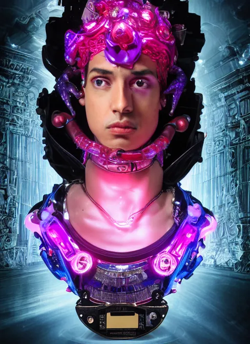 Image similar to full-body baroque and cyberpunk style sculpture of a young seductive Hispanic prince half android with a chest exposing a glowing gemstone battery and a CRT monitor face, glowing pink seductive laser eyes, crown of blue gears and diamonds, swirling salmon-colored silk fabric, robotic raptors dinosaurs. baroque elements. full-length view. intricate artwork by caravaggio. art by Artgerm and Greg Rutkowski and Alphonse Mucha and Tooth Wu and Beeple, Trending on artstation, cinematic industrial lighting, hyper realism, octane render, 8k, depth of field, 3D