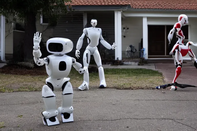 Image similar to photojournalism of sleek humanoid robot being hit with bats by two mean on a residential street