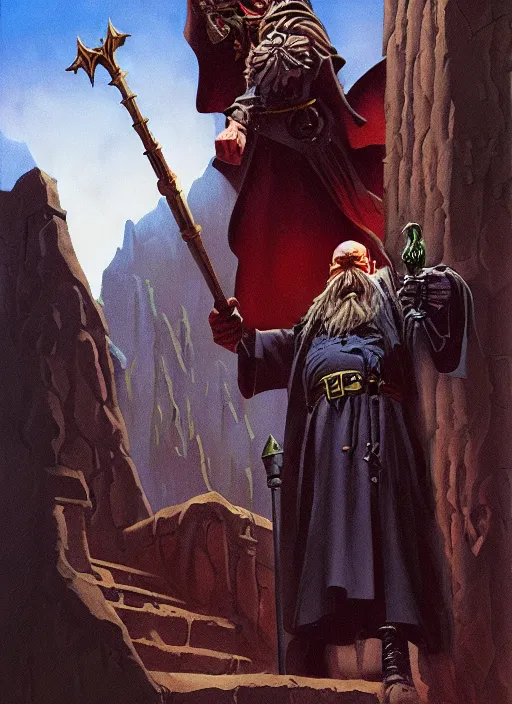 Prompt: highly detailed, hyper realistic wizard with a dungeon background by mike mignola frank frazzeta james gurney