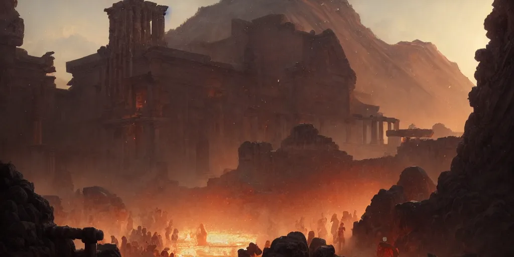 Image similar to the last day of pompeii, extremely detailed digital painting, in the style of fenghua zhong and ruan jia and jeremy lipking and peter mohrbacher, mystical colors, rim light, beautiful lighting, 8 k, stunning scene, raytracing, octane, trending on artstation