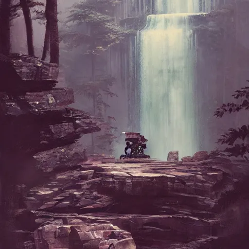 Prompt: Gigantic stone robot resting in front of a waterfall inside a forest, oil painting, by Greg Rutkowski