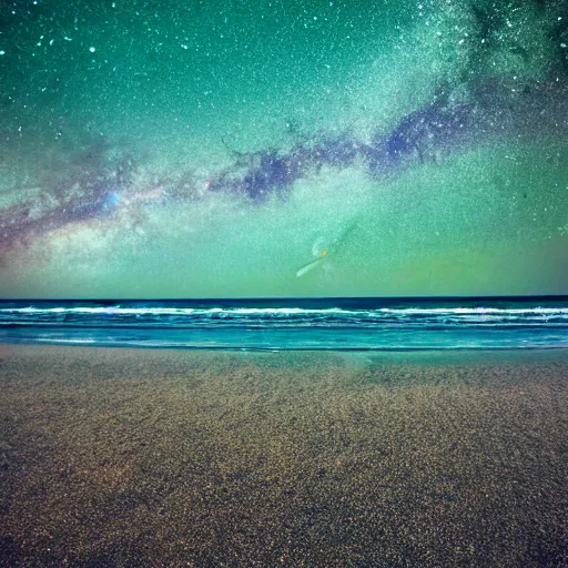 Image similar to planet on milky way as beach, water is galaxy