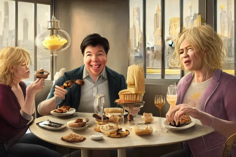 Image similar to portait of michael mcintyre and middle aged blonde woman with short hair and a blonde woman with long hair having dessert at sunday in brooklyn restaurant, anatomy, bathed in light, highly detailed, photorealistic, artstation, smooth, sharp focus, illustration, unreal engine 5, 8 k, art by artgerm and greg rutkowski and edgar maxence