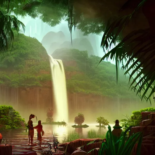 Image similar to aztec jungle village, ornate, beautiful, atmosphere, mist, vibe, smoke, beautiful, rain, reflection, pristine, puddles, waterfall, melting, dripping, wild look, mattepainting concept blizzard pixar maya engine splash comics global illumination lighting artstation, sharp focus, ilya kuvshinov, rossdraws