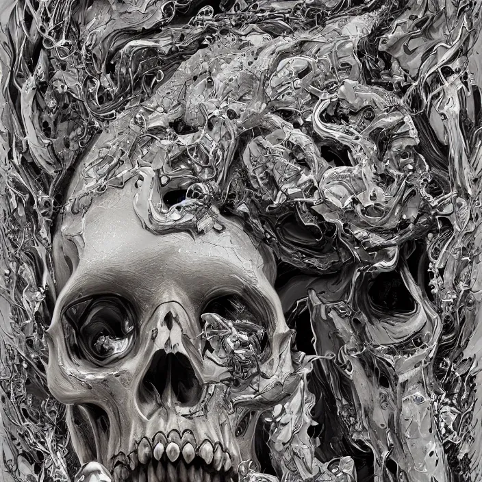 Image similar to portrait of a melting skull. razor sharp teeth. nightmare fuel. intricate abstract. intricate artwork. by Tooth Wu, wlop, beeple, dan mumford. octane render, trending on artstation, greg rutkowski very coherent symmetrical artwork. cinematic, hyper realism, high detail, octane render, 8k, iridescent accents