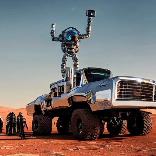 Image similar to 4 k hdr wide angle sony a 7 photo of a stainless steel shiny cybertruck surrounded by a mob of beautiful instagram model women protestors on mars during a blue martian sunset