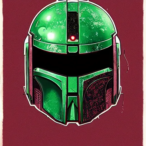 Image similar to a green and red robot ninja mandalorian looking helmet that looks like it is from Borderlands, there’s a circular notch in the center by Feng Zhu and Loish and Laurie Greasley, Victo Ngai, Andreas Rocha, John Harris