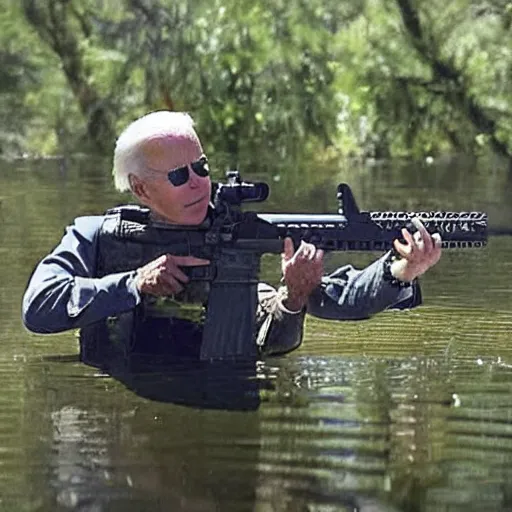 Prompt: Joe Biden rising out of swamp water with an AR15